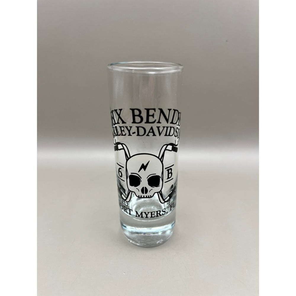 Harley-Davidson Six Bends Fort Myers FL Skull Shot Glass Tall Shooter Clear 2 oz